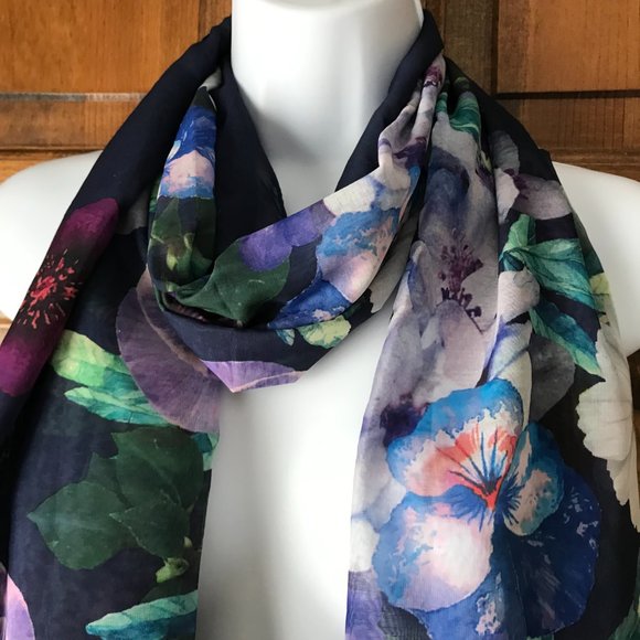 Isaac Mizrahi Live! #2 Navy Blue with Pansies & Other Flowers Scarf 74" x 28" - Picture 5 of 12